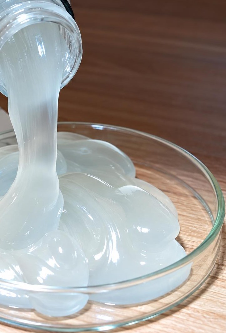 Close-up of viscous SLES material being poured into a glass dish